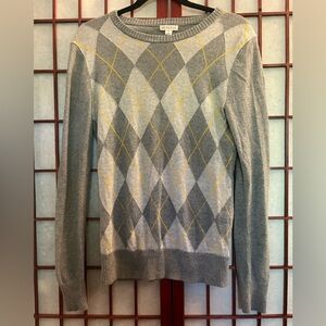 Merona Gray and Yellow Crew Neck Sweater with Argyle Pattern